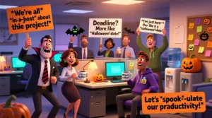 Read more about the article 140 Spooktacular Halloween Office Puns to Bring Life to Your Workspace 🧀🎃<div class="last-updated" style="font-size:14px; font-weight:bold; color:#444; background:#f5f5f5; padding:10px; border-radius:5px; margin-top:10px; margin-bottom:20px;">
                 Last updated: November 10, 2025 at 8:26 am by nameyourteams@gmail.com
            </div>